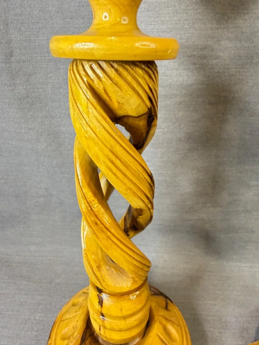 Olive Wood Candlestick Pair Hollow Spiral Barley Twist Hand Carved Bethlehem